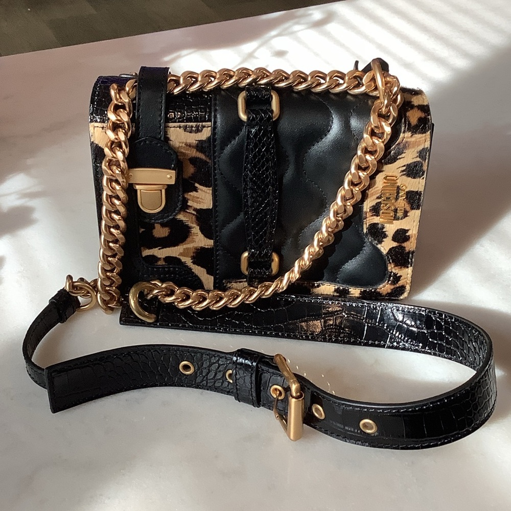 99. Moschino Leopard Print Crossbody Bag with Gold Chain, Brand New